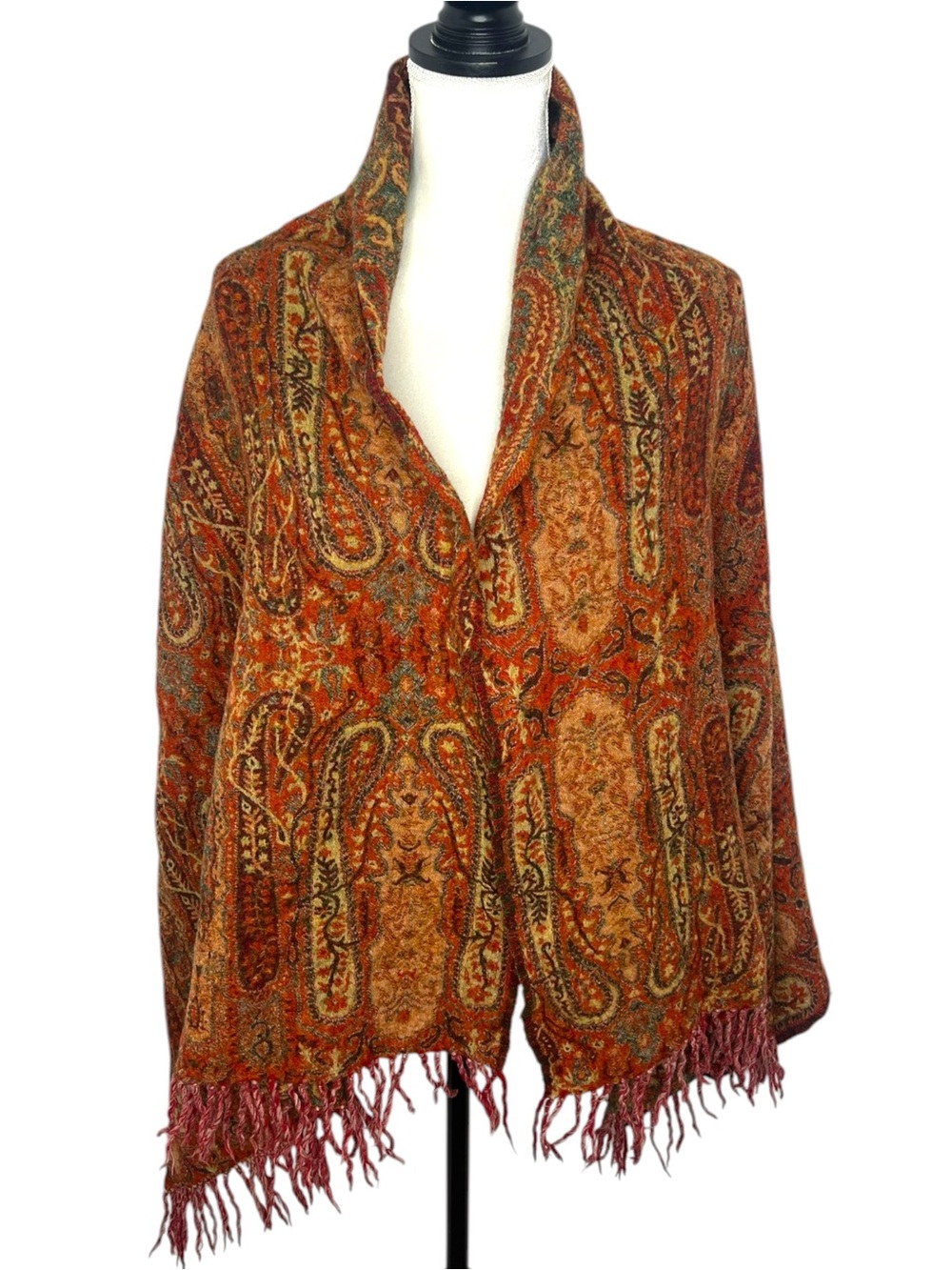 Vintage Paisley Fringe Ruana Shawl Wrap One Size Boho Southwestern Duster
